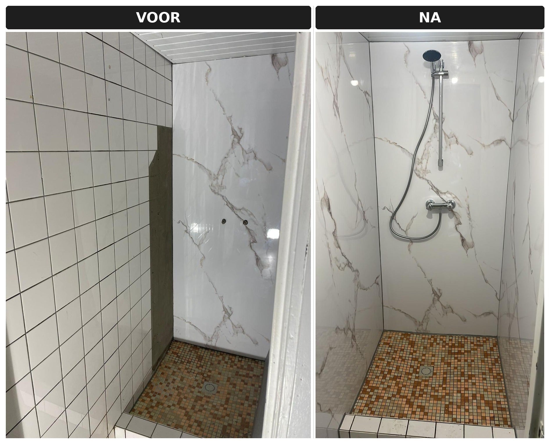 Van gedateerde douche naar luxe wellness-uitstraling: renovatie met marmer wandpaneel